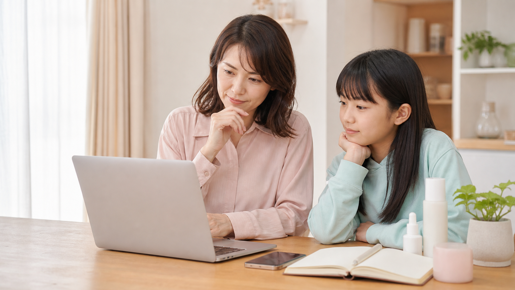プロアクティブの悪い口コミを親子で確認する中学生と母のイメージ