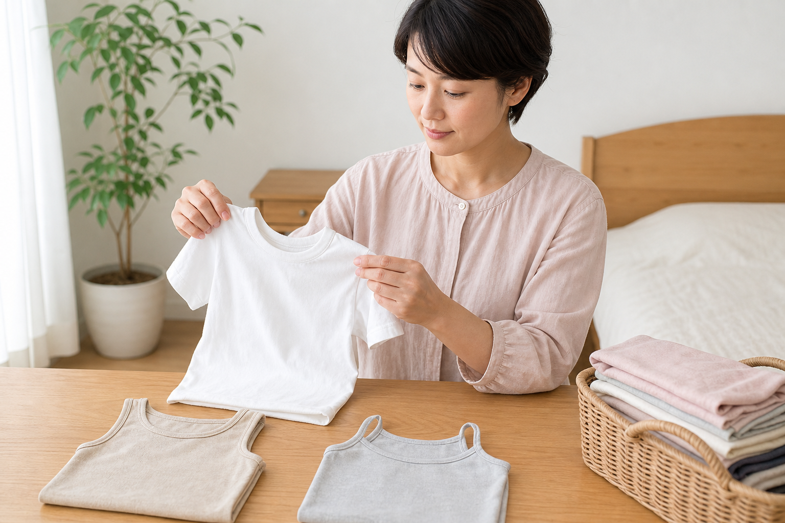 白い服に合わせるインナーの色を選ぶママ