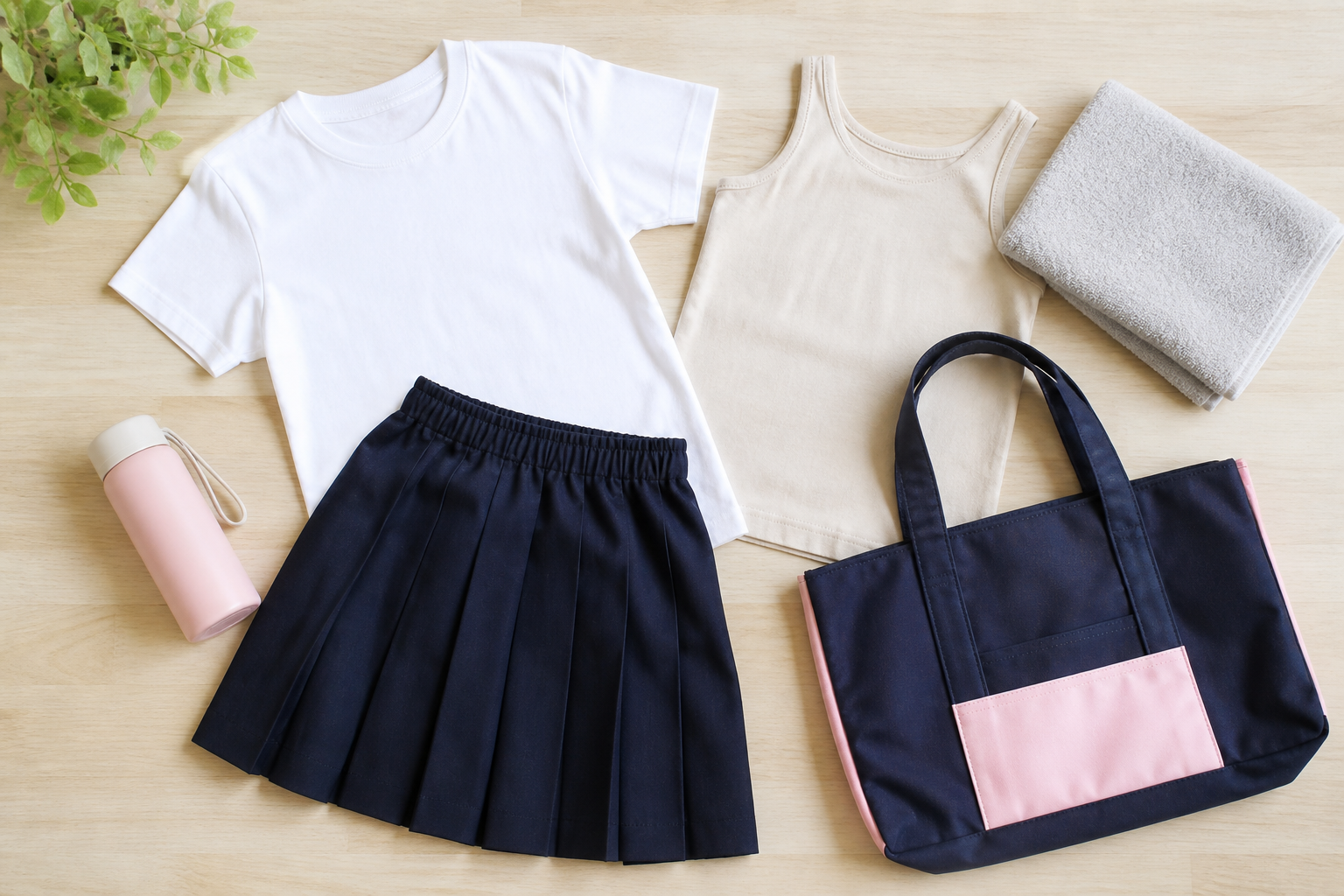 白い通学服とベージュのインナーを合わせたコーディネート