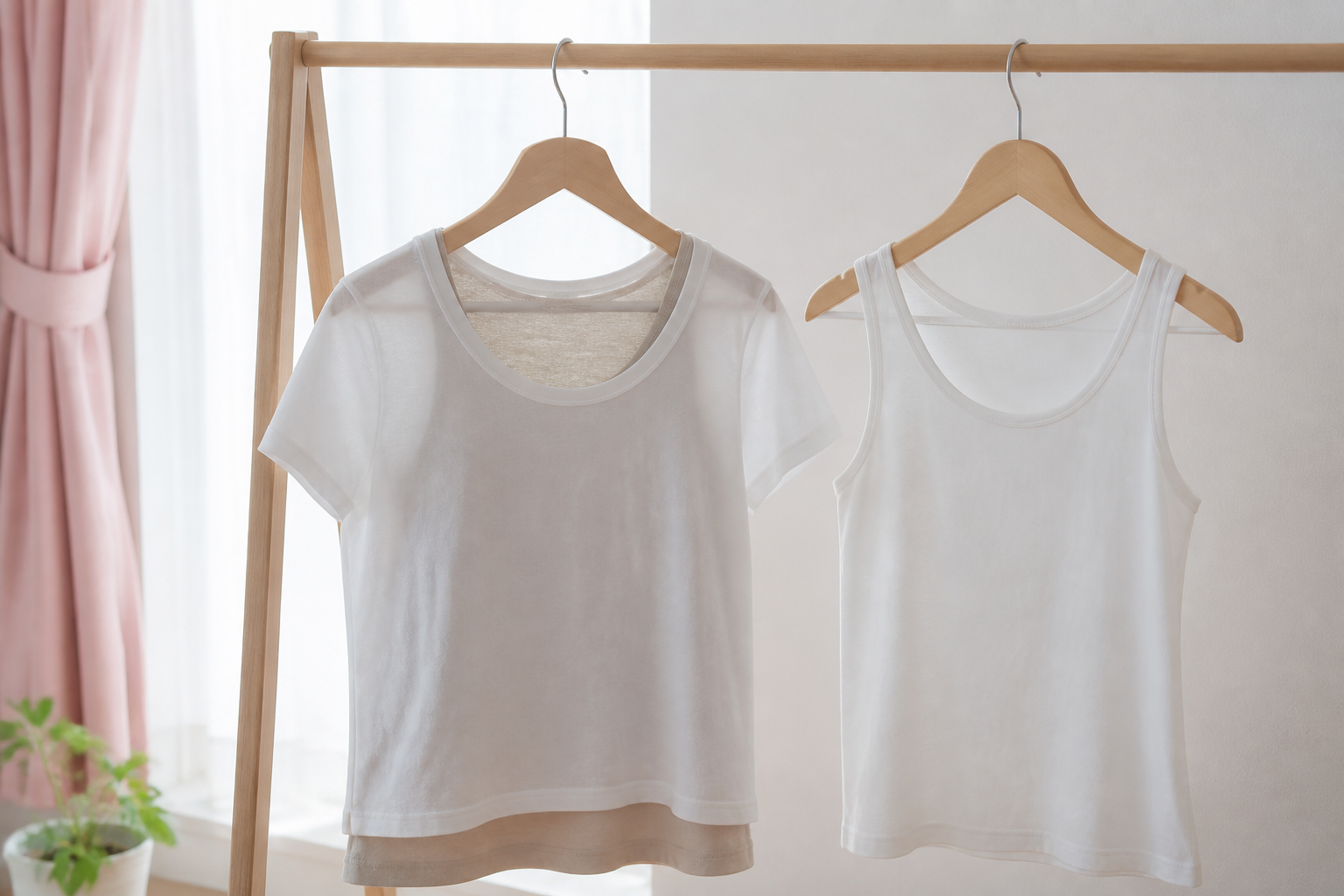 白い服とベージュのインナーを自然光で見比べるイメージ