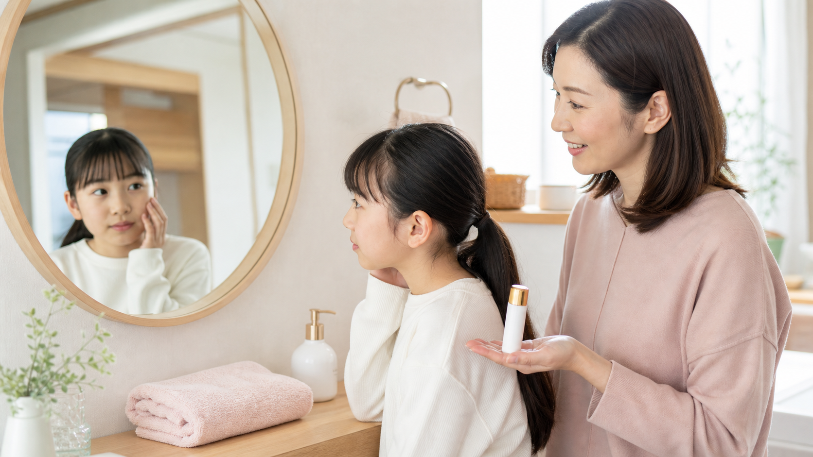 鏡を見ながら産毛ケアについて話す小学生の娘とママ