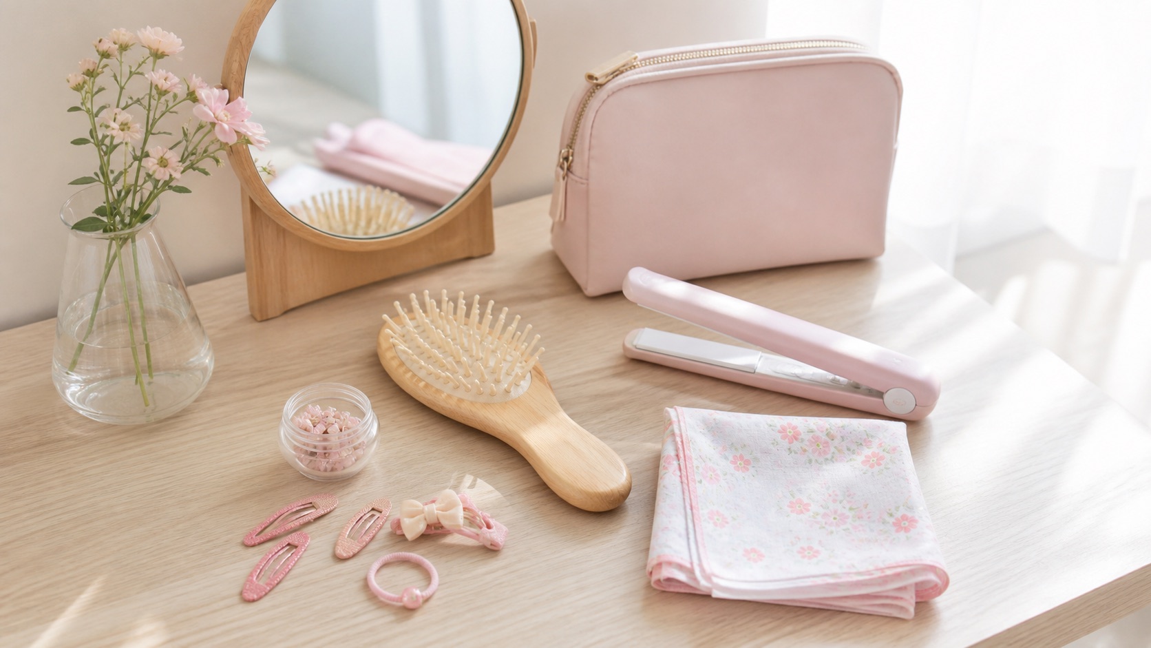 小学生女子の朝の髪セットに使うヘアアイロンとブラシのイメージ