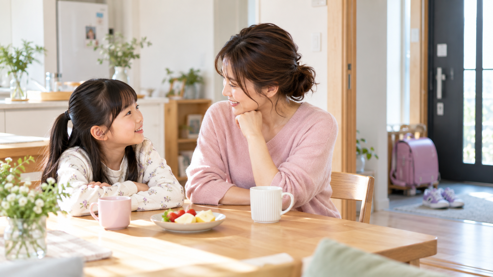 足のニオイについて話す小学生の娘と母親