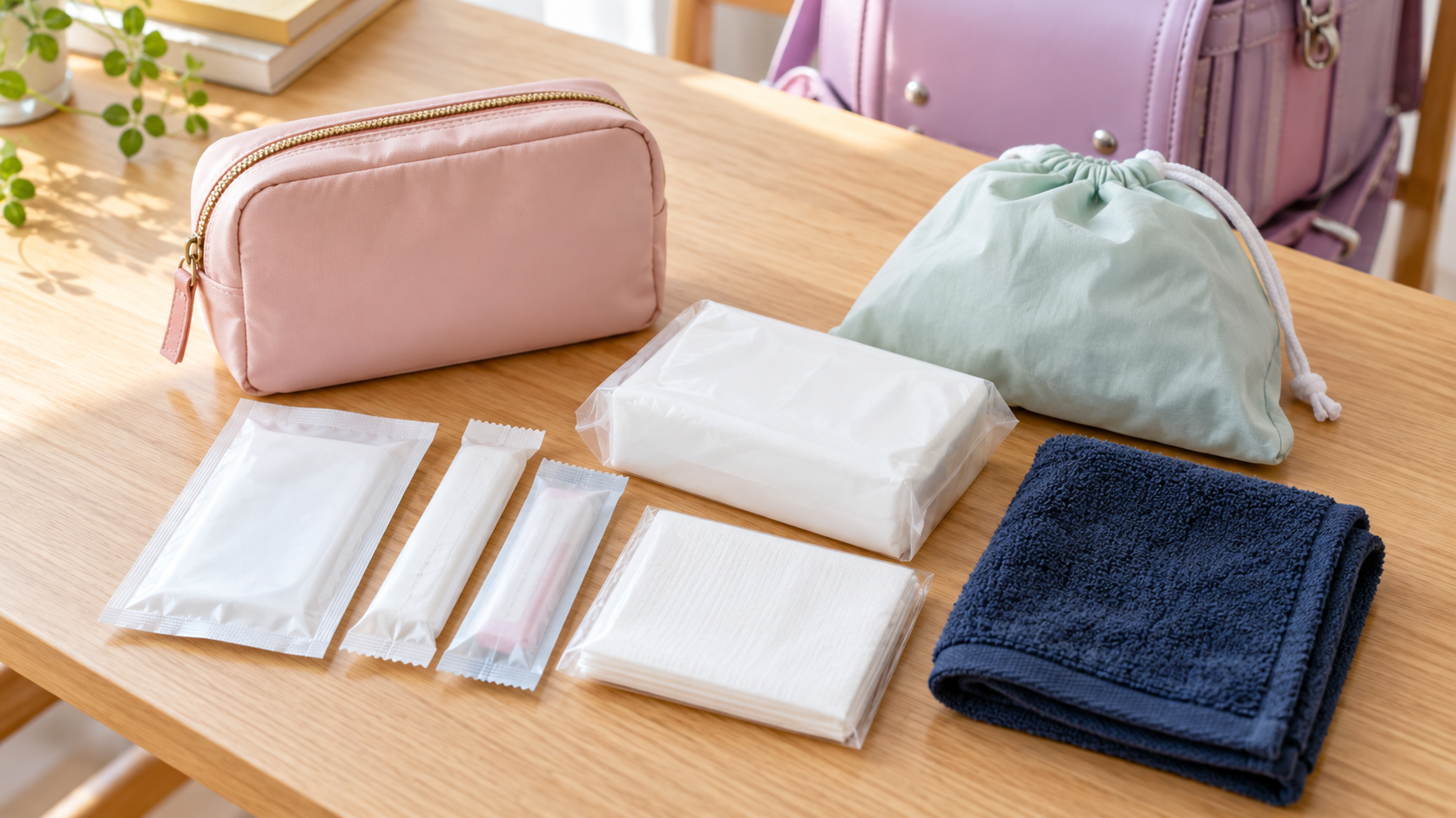 小学生の初潮に備えた学校用ポーチと生理用品